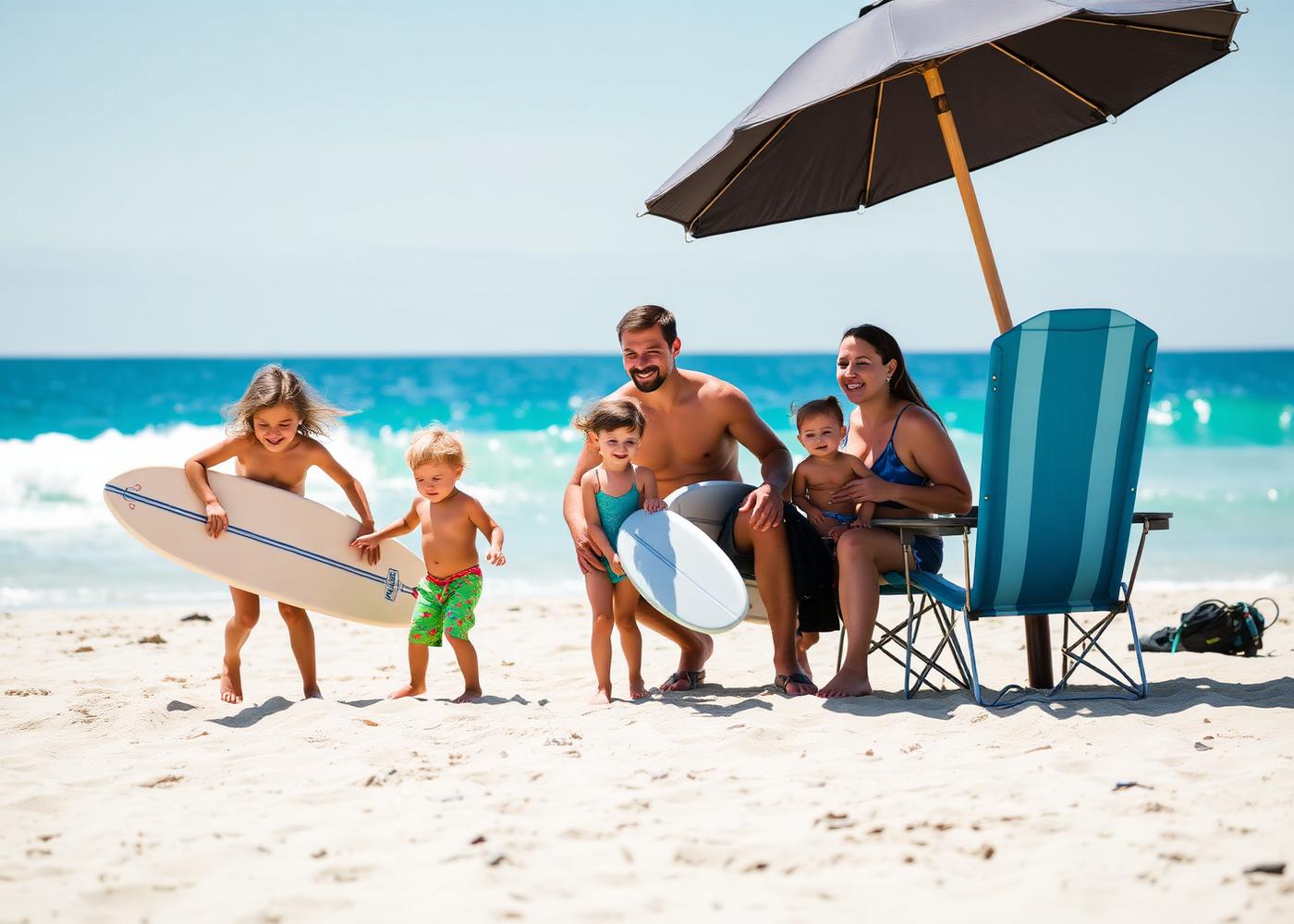 Family enjoying San Diego beach with gear